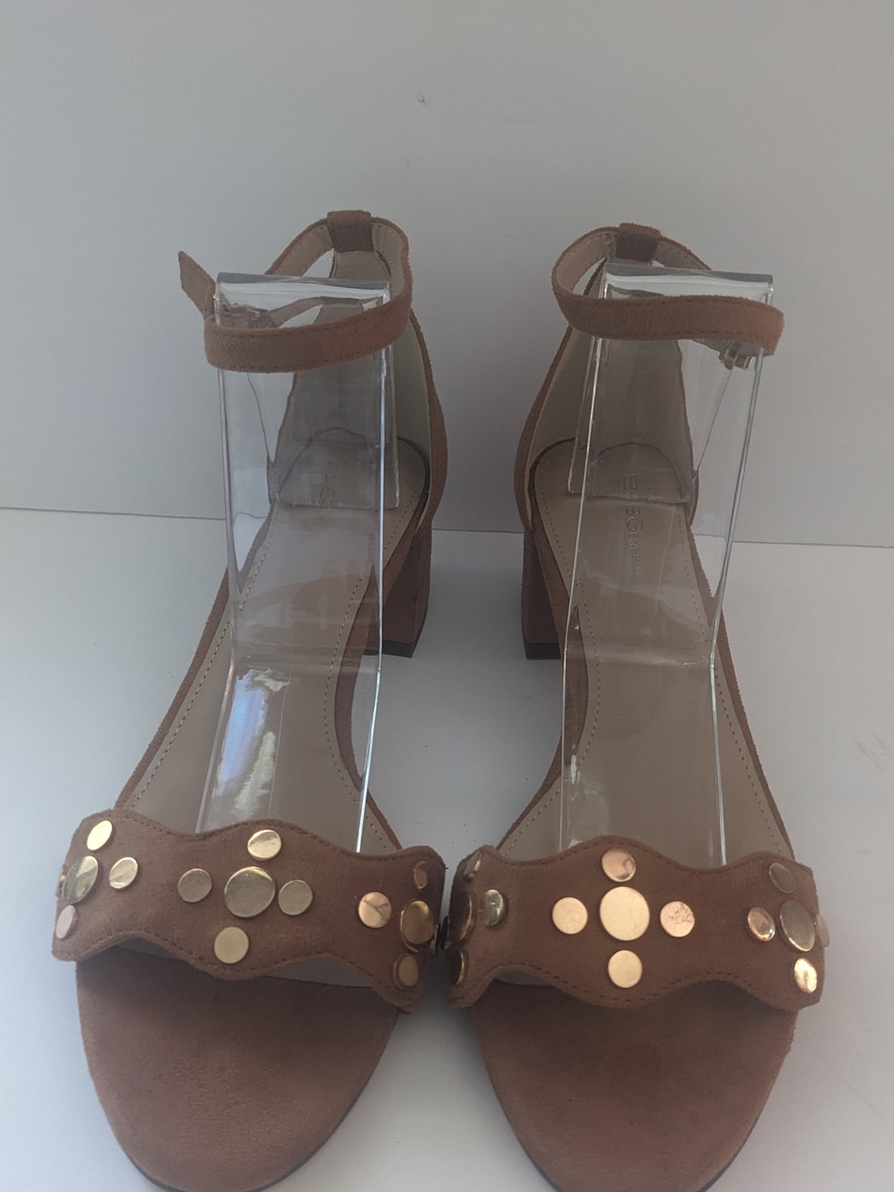 Bc generation Ankle Strap Tan Suede Block Heel Sandals with Gold Studs 8.5
